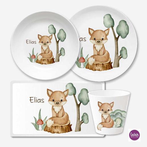 Geschenk mit Namen für Kinder - Fuchs | 4 teiliges Geschirrset aus Melamin und BPA frei, hergestellt in Deutschland | Artikelnummer: 6206-5670-1350