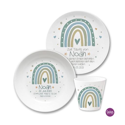 Personalisiertes Geschenk Baby zur Geburt | Geburtsteller – Taufgeschenk – Regenbogen | Baby Geschenke zur Geburt | Hochwertiges Kindergeschirr mit Geburtsdaten aus Melamin, BPA frei | Artikelnummer: 3765-8628-5825 -3