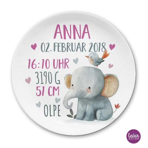 Geburtsteller, Taufteller Elefant für Kinder | Melaminteller mit Namen für Kinder | Hochwertiger Melaminteller | Artikelnummer: 2715-1541-1784 -8