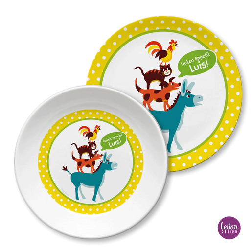 Kindergeschirr Bremer Stadtmusikanten  | Kinderteller mit Namen aus Melamin BPA frei | Artikelnummer: ksbrbl1 -3