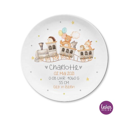 Geburtsteller Taufteller, Eisenbahn mit Namen und Geburtsdaten | Kinderteller mit Geburtsdaten aus Melamin, BPA frei | Artikelnummer: 4047-1838-7171 -5 