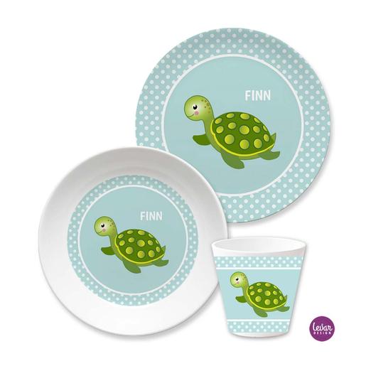Kindergeschirr Schildkröte | Kinderteller, Trinkbecher mit Namen aus Melamin BPA frei | Artikelnummer: ki3setponz -1