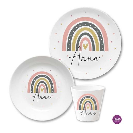 Kindergeschirr Regenbogen | Kinderteller, Trinkbecher mit Namen aus Melamin BPA frei | Artikelnummer: ki3set glueckskae
