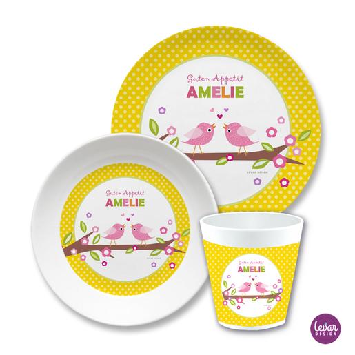 Kindergeschirr Set Vögel Dots  | Kinderteller, Trinkbecher mit Namen aus Melamin BPA frei | Artikelnummer: 124554991 -3