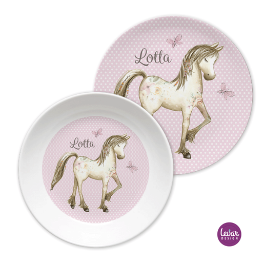 Personalisierter Kinderteller Set Pferd  | Personalisiertes Kindergeschirr aus Melamin, 2 teilig | Artikelnummer: 51499100 -6