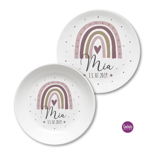 Personalisiertes Geschenk Baby zur Geburt | Geburtsteller – Taufgeschenk – Regenbogen | Baby Geschenke zur Geburt | Personalisiertes Kindergeschirr aus Melamin, 2 teilig, BPA frei | Artikelnummer: 1205-6018-4060 -1