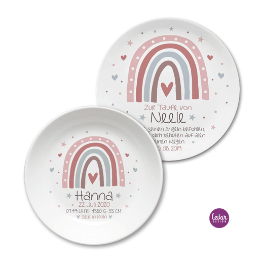 Geburtsteller Taufteller, Regenbogen mit Namen, Gedicht, Geburtsdatum | Geschirrset mit Geburtsdaten aus Melamin, BPA frei | Artikelnummer: 8755-0640-7340 -2
