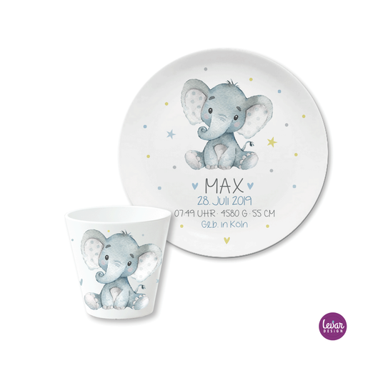 Personalisiertes Geschenk Baby zur Geburt | Geburtsteller – Taufgeschenk – Elefant | Baby Geschenk zur Geburt | Kinderteller mit Namen aus Melamin BPA frei | Artikelnummer: 58070255 -6
