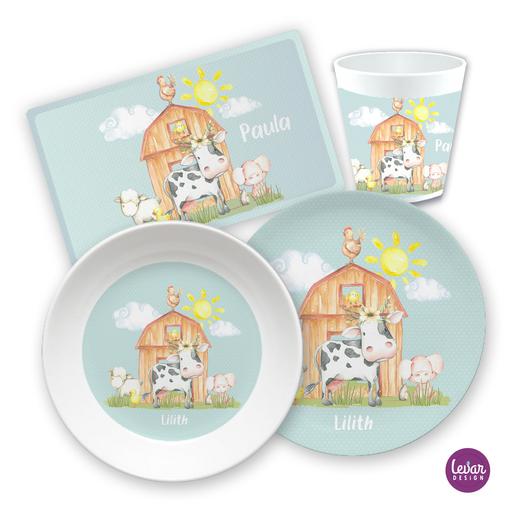 Kindergeschirr Set mit Namen personalisiert, Bauernhof- 4 teilig | Geschirrset aus Melamin und BPA frei, hergestellt in Deutschland | Artikelnummer: 1340-3466-1247 -1