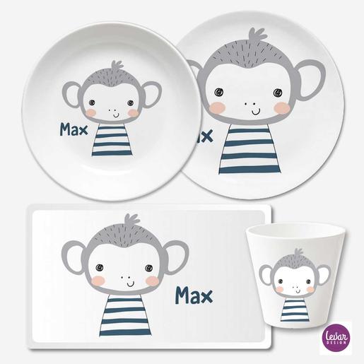 Kindergeschirr Set mit Namen personalisiert, Affe | 4 teiliges Geschirrset aus Melamin und BPA frei, hergestellt in Deutschland | Artikelnummer: 3354-0223-2818 -2