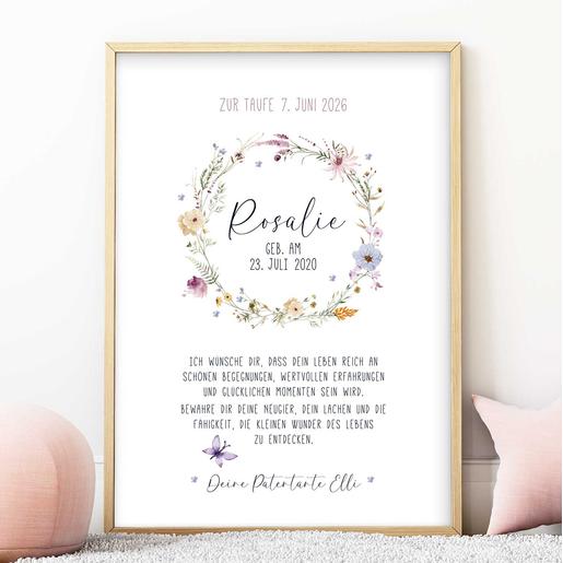 Personalisierter Patenbrief zur Taufe mit Namen - Blumenkranz | Fineart - Kunstdruck mit Namen und Geburtsdaten | Artikelnummer: 2331-7240-105891