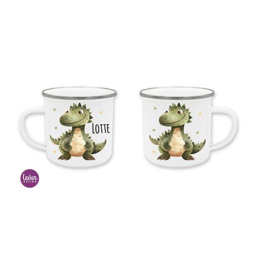 Emailletasse mit Namen, Emaillebecher für Kinder - Dino | Kindertasse aus Emaille mit Namen | Artikelnummer: 7485-1116-4017-2