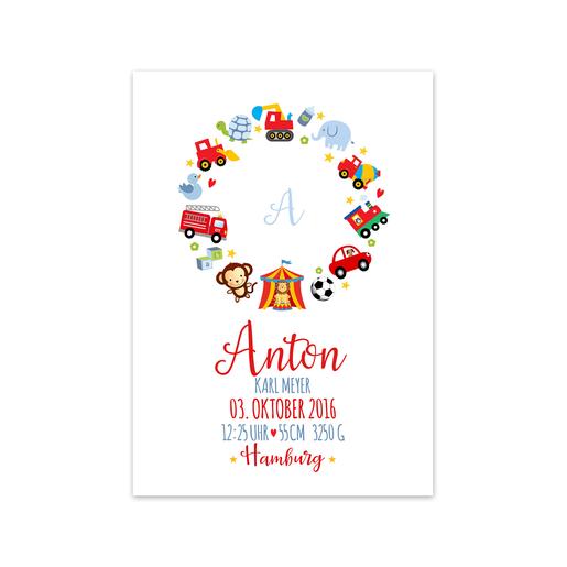 Namensbild Spielzeug personalisiert | Zauberhafte Geburtsanzeige mit Namen und Geburtsdaten | Artikelnummer: 99688955 -1