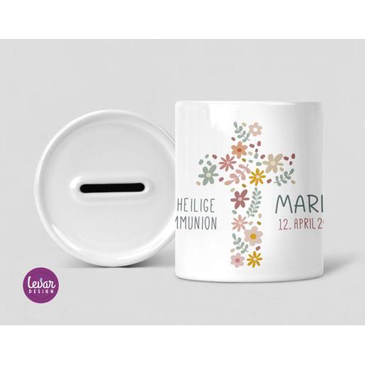 Spardose Blumenkreuz zur Kommunion  | Personalisierte Spardose mit Wunschnamen für Mädchen | Artikelnummer: 121337 112
