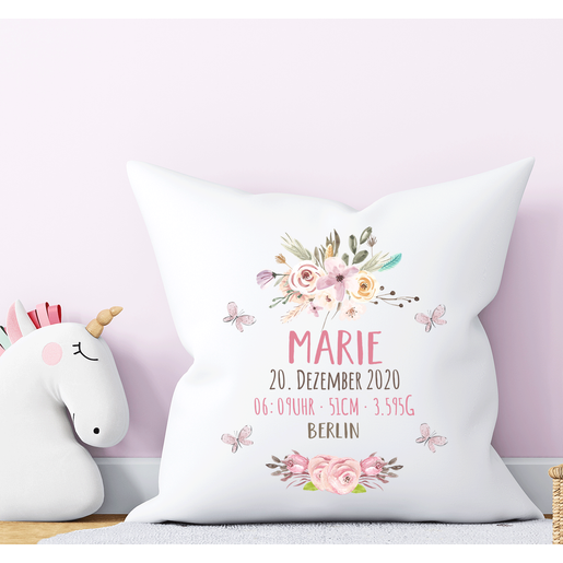 Baby Kissen mit Füllung Blüten | Kissen zur Geburt und Taufe mit Geburtsdaten und farbiger Rückseite | Artikelnummer: 5423-0217-3052