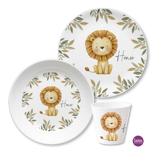 Kinder Geschirr Set mit Namen ❤ Löwe | Kinderteller, Trinkbecher aus Melamin BPA frei | Artikelnummer: ki3settraktor -1