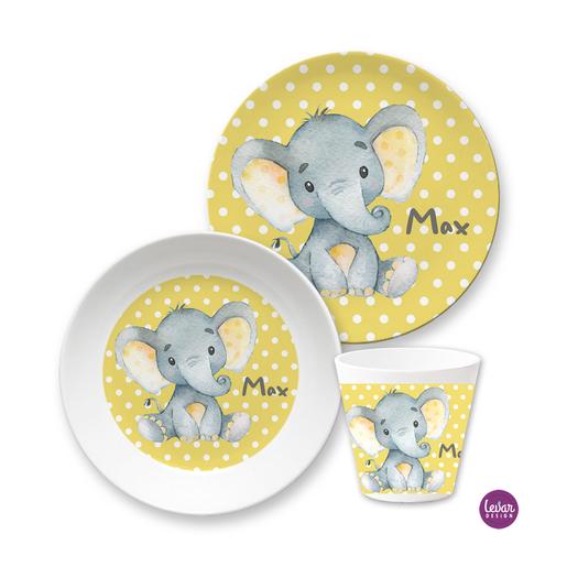 Baby Elefant Kindergeschirr Set  | Kinderteller, Trinkbecher mit Namen aus Melamin BPA frei | Artikelnummer: ki2setreh -3