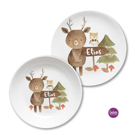 Kindergeschirr Set, Kinderteller Waldtiere, Bär, Elch | Kinderteller mit Namen aus Melamin BPA frei | Artikelnummer: 55199128 -1