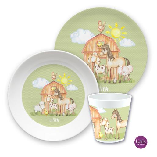 Kindergeschirr Set Bauernhof Pferd | Kinderteller, Trinkbecher mit Namen aus Melamin BPA frei | Artikelnummer: 15895100 -2