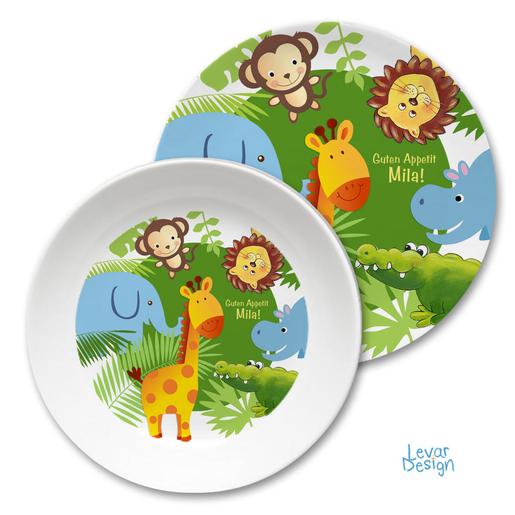 Kindergeschirr Set Dschungeltiere, Löwe, Elefant | Kinderteller mit Namen aus Melamin BPA frei | Artikelnummer: 112726955