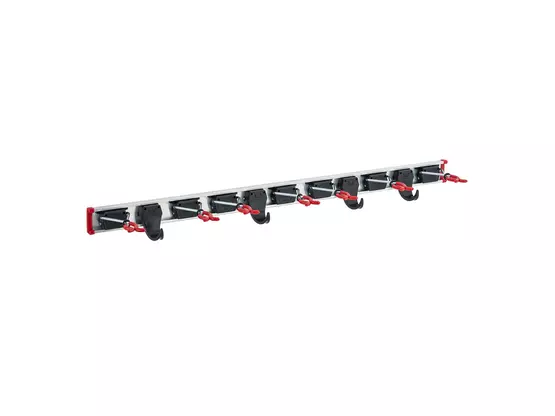 7 BRUNS Gerätehalter und 4 BRUNS Gerätehaken auf 1,00 m Führungsschiene | Artikelnummer: BR-7-4-100
