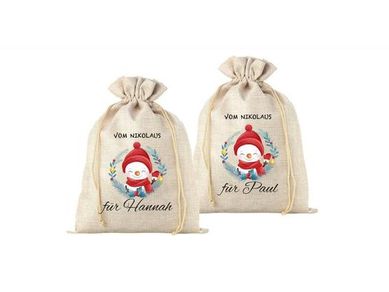 Nikolaus- oder Weihnachtssäckchen mit Schneemann + Wunschname | Artikelnummer: 5430-0884-5758_beige_Schneemann