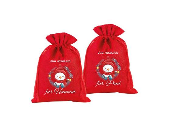 Nikolaus- oder Weihnachtssäckchen mit Schneemann + Wunschname | Artikelnummer: 0526-1784-5011_rot_schneemann