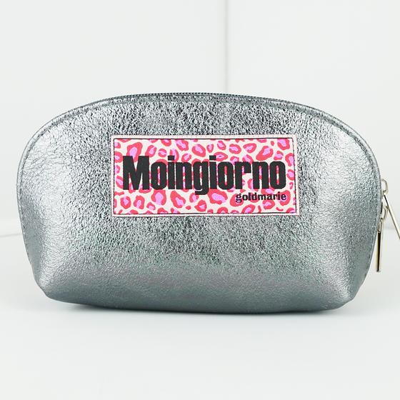 goldmarie Lotte-Kosmetiktasche MOINGIORNO rotes Leo Label - Leder - silber metallic - 18x11cm