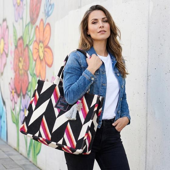 goldmarie Tasche LOVE PEACE MOIN - gemustert - schwarz-creme-rot