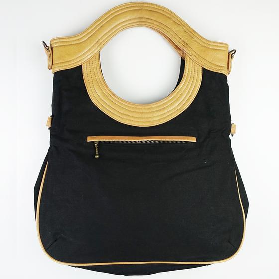 goldmarie Canvas Leder Tasche LOVE PEACE MOIN - schwarz-camel - 39x50cm 