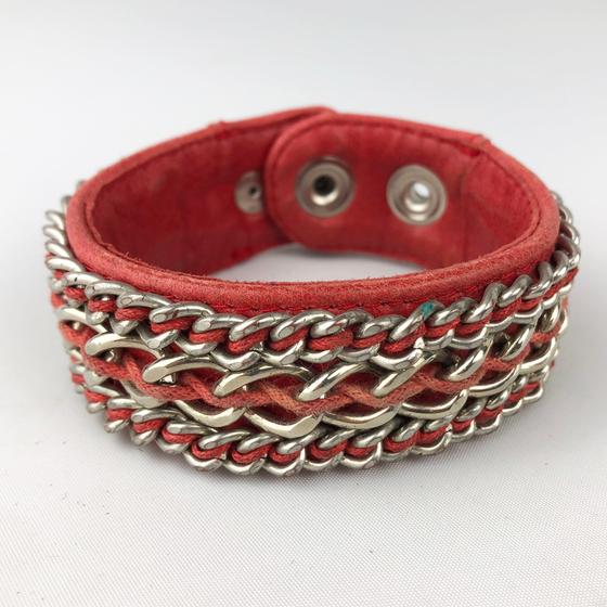goldmarie Lederarmband Chain Kettenverzierung rot-silber
