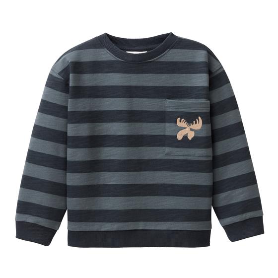 People wear Organic Sweat Pullover Stickerei Elch Blockstreifen Dunkelblau 