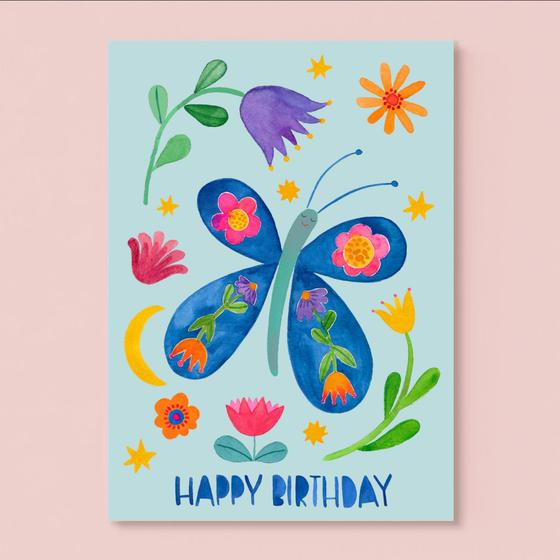 Frau Ottilie Postkarte - "Happy Birthday" mit Schmetterling