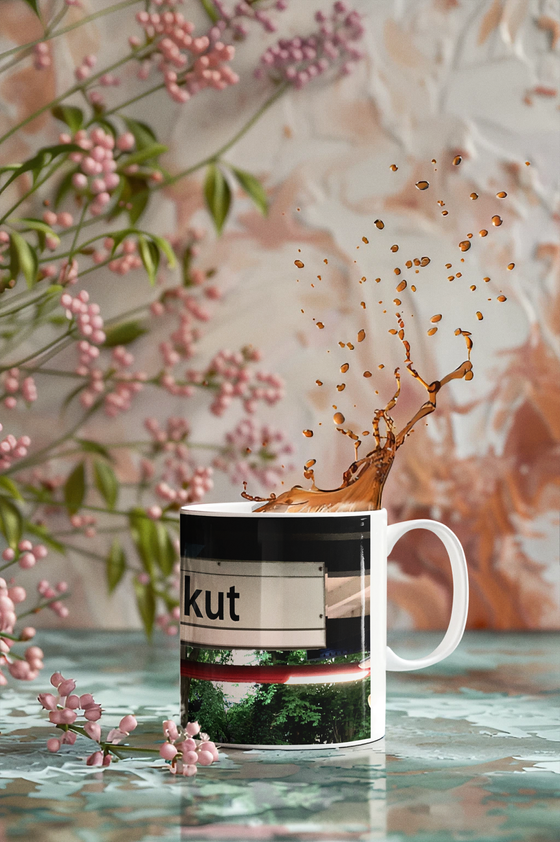 U-Bahn Kaffeebecher Kaffeetasse U-Bahnhof Kiekut schwarze schrift auf weißem frei schwebendem schild im hintergrund Bäume und Geäst