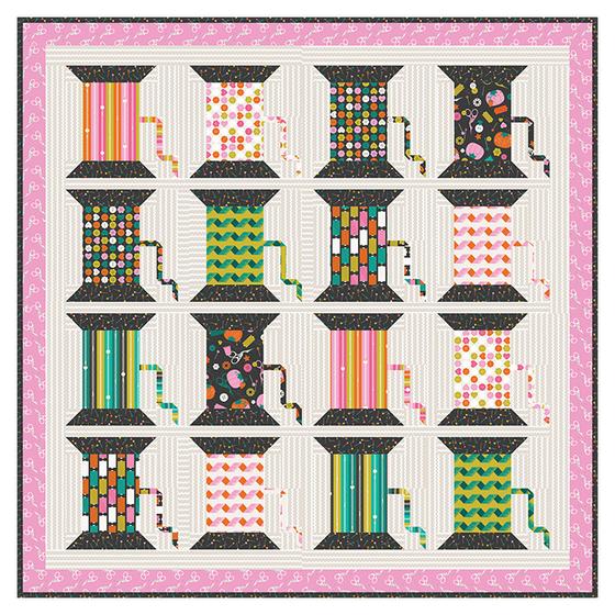 Bits and Bobs Stoffkollektion von Sarah Hearts für Figo Fabrics mit illustrierten Nähutensilien wie Scheren, Knöpfen und Maßbändern.