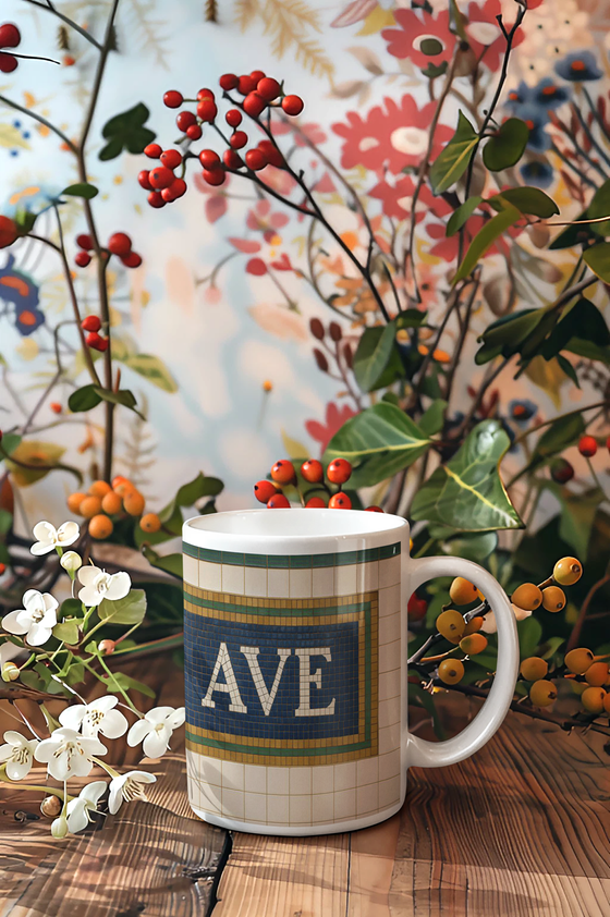 U-Bahnhof Fith Avenue Kaffetasse - weise Schrift auf blauem Hintergrund, grüner Rand dahinter graue Fliesen