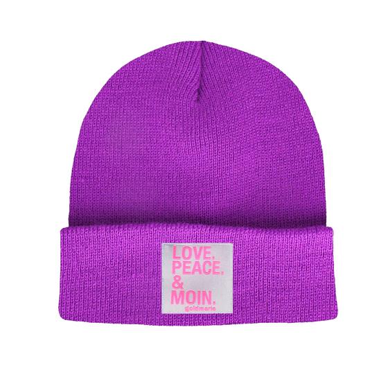 goldmarie Beanie Mütze LOVE PEACE MOIN - violett-grau-pink