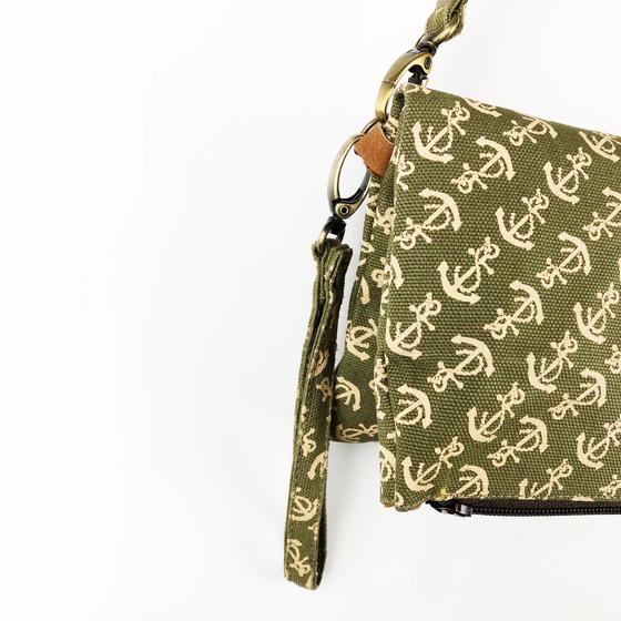 goldmarie Handtasche MOINGIORNO Canvas Anker Muster - olive-sand - 30x14cm