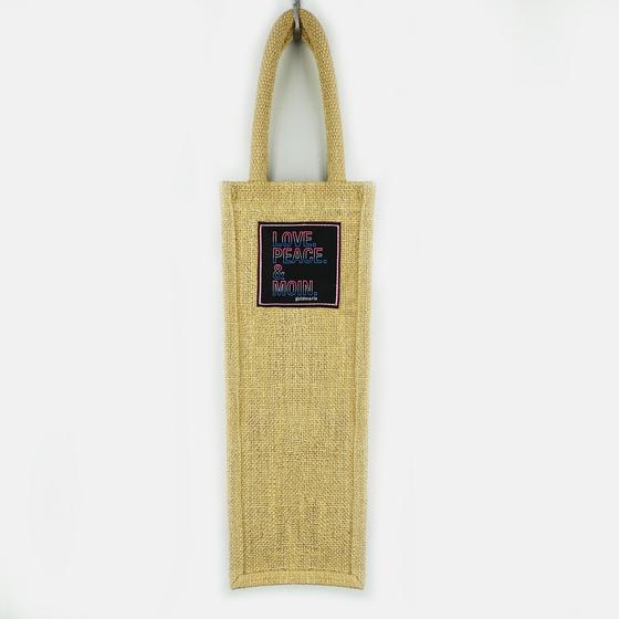 goldmarie Sekt- und Weinflaschentasche LOVE PEACE MOIN Neonschrift Look Label - Jute - natur