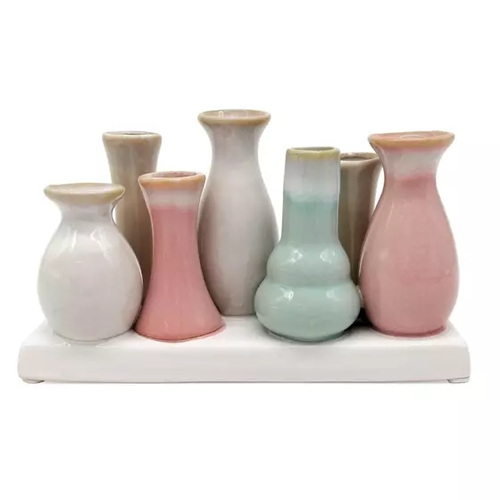 Mea-Living 7 Väschen auf Tablett aus Keramik - multicolour