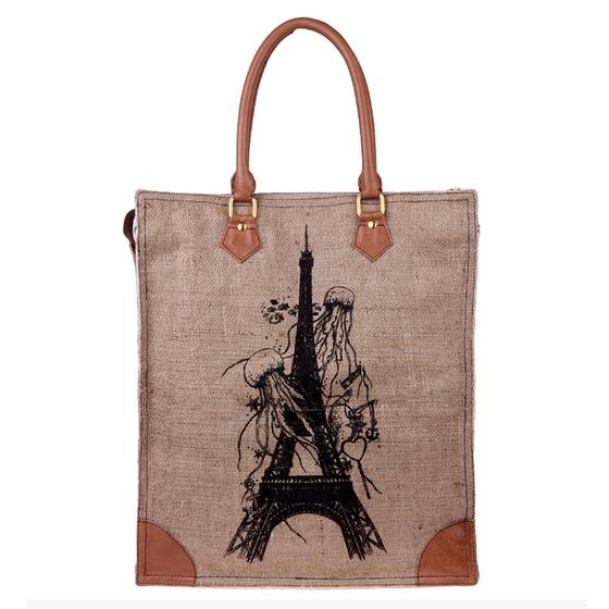 goldmarie Shopper Tasche Jute EIFFELTURM UNTERWASSERWELT natur-hellbraun 40x35cm