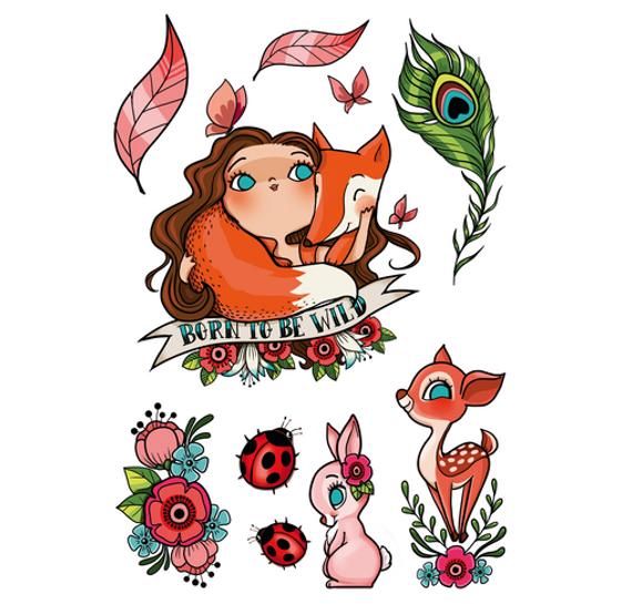 Avenue Mandarine Tattoo Abziehbilder - MANIA "Born To Be Wild", Waldtiere, Blüten, Pfauenauge