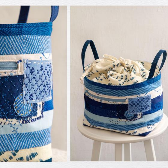InkPerfect Baumwoll-Popeline mit grafischen Mustern in Blautönen – ideal als Innenstoff für Taschen und Geldbörsen bei Spreefee Bag Making Supplies.