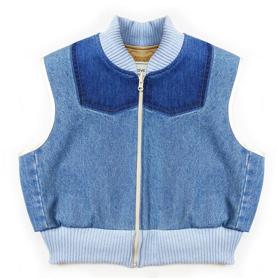 goldmarie Seidentuch-Weste LOVE IS MY SUPERPOWER - Vintage-Stoff Recycelt - blau - reversible OHMMM DIGGA -- mit Kosmetiktasche 