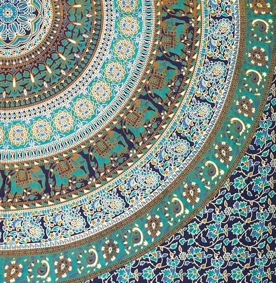 Boho-Style Wandbehang, indische Tagesdecke Mandala Druck - blau/grün