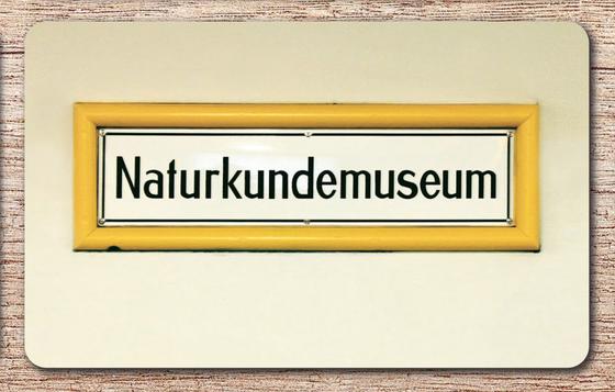 U-Bahnhof Naturkundemuseum U-Bahn Souvenir Frühstücksbrettchen - weißes Schild mit schwarzer Schrift mit einem gelben Rahmen vor weißem Hintergrund