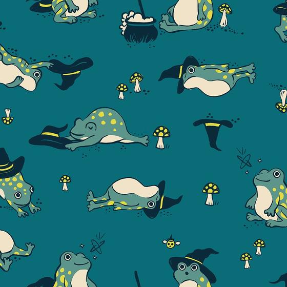 Frogmiliars Storytime von Ruby Star Society – verspielter Halloween-Stoff mit Fröschen in dunklen Teal- und Cremetönen