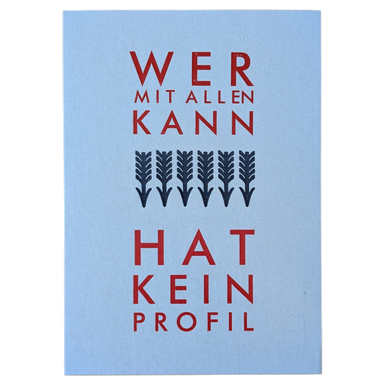 Postkarte in Bleisatz-Buchdruck Wer mit allen kann