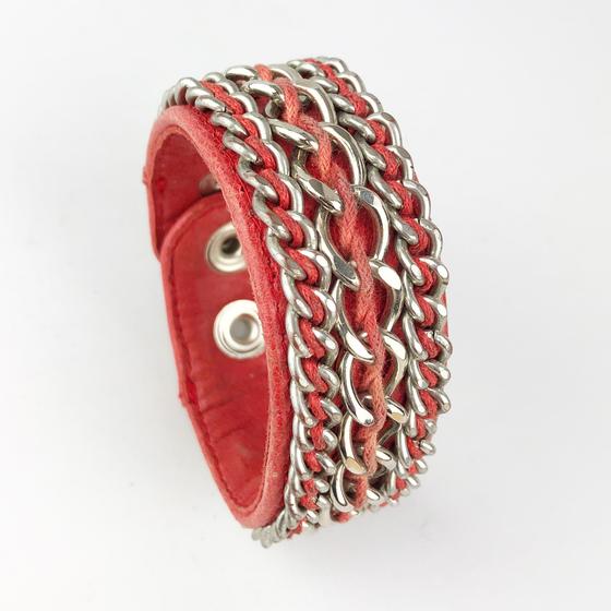goldmarie Lederarmband Chain Kettenverzierung rot-silber