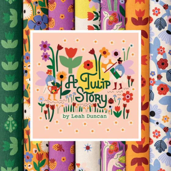 Cloud9 Fabrics A Tulip Story von Leah Duncan – Bio-Baumwollstoff mit bunten Tulpen, Erdbeeren, Blumen und verspielten Feenmotiven.